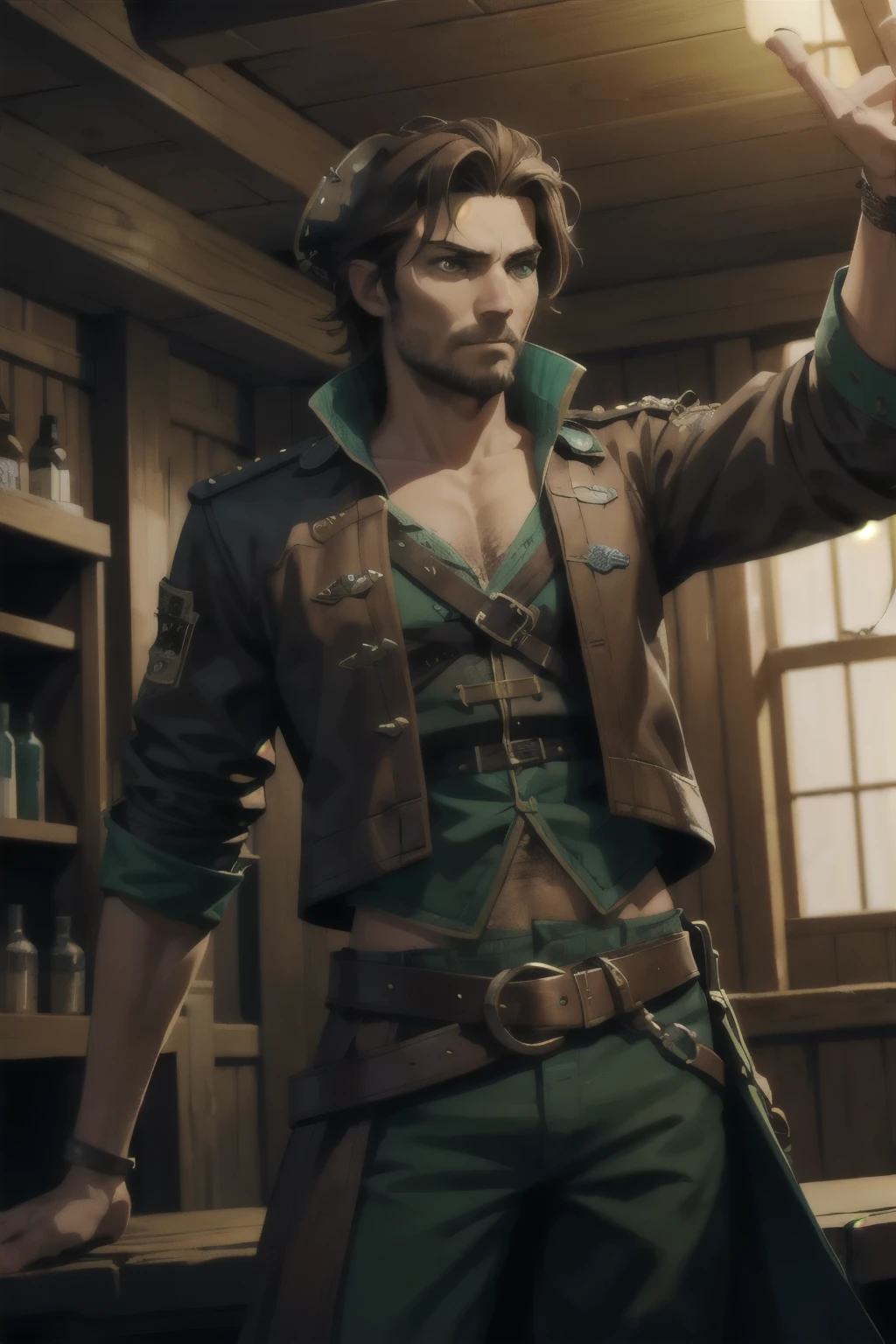 1 man, pirate, in a tavern, stand up, stoic, brown hair, leather, green eyes, (atmosphere), coherent, continuity, epic, sharp lines, (brushed colors)