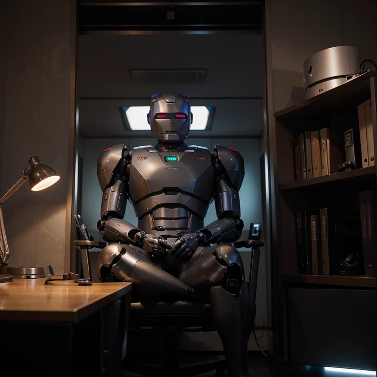 Philosophical robot which is sitting at his desk thinking about life, He is in his office, a very deep place with a mysterious theme and on his desk he has a sign that says makina69 