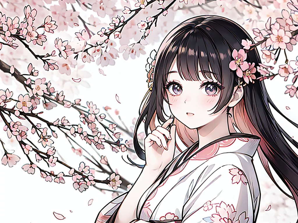 (best quality,4k,highres:1.2),ultra-detailed,realistic:1.37,anime line art,anime style,beautiful girl,watching cherry blossoms,delicate face,sparkling eyes,glossy lips,long eyelashes,flowing black hair,serene expression,sakura petals in the wind,soft sunlight,subtle breeze,pleasant atmosphere,subtle shadows,graceful posture,traditional kimono,delicate cherry blossom branches,peaceful garden,lush greenery,authentic Japanese scenery,warm color tones,subtle lighting effects,cool tones in the shadows,vibrant and lively colors,Sakura season.