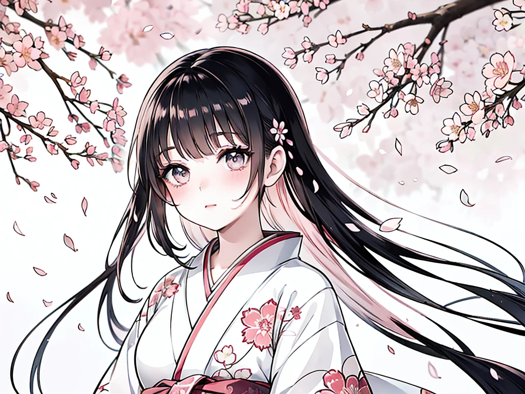 (best quality,4k,highres:1.2),ultra-detailed,realistic:1.37,anime line art,anime style,beautiful girl,watching cherry blossoms,delicate face,sparkling eyes,glossy lips,long eyelashes,flowing black hair,serene expression,sakura petals in the wind,soft sunlight,subtle breeze,pleasant atmosphere,subtle shadows,graceful posture,traditional kimono,delicate cherry blossom branches,peaceful garden,lush greenery,authentic Japanese scenery,warm color tones,subtle lighting effects,cool tones in the shadows,vibrant and lively colors,Sakura season.