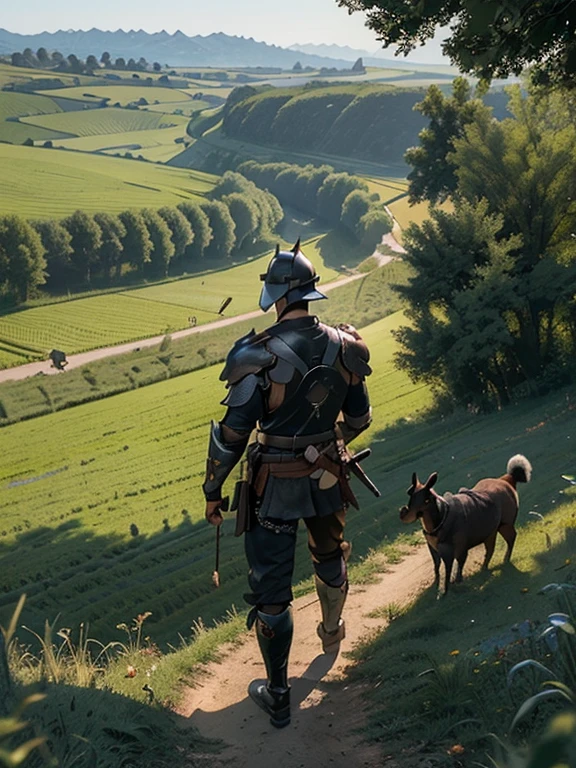  Cartoon style pictures ，(Europe)，（Shooting from above），several men,midnight，Overall black tone，  中世纪金属full body armor，full body armor， Medieval dilapidated countryside village，farmland，river，farm cattle，dog，chicken，duck，rabbit，torch，horse，farmer，partner，companion，Soldier，laboeld，farming，(Visor Helmet，In the shadows，Faceless，Strong man, strong, shabby),dynamic poses， ((Turn your back to the camera，look into the distance，not looking at camera)), 