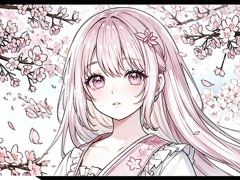 A girl admiring the falling cherry blossoms, (anime lineart) with beautiful detailed eyes, beautiful detailed lips, extremely detailed face, long eyelashes, medium:1.1, vibrant colors, delicate shading, (high quality, 4k, photorealistic:1.37) masterpiece:1.2, (soft pastel colors, pink tones), surrounded by falling cherry petals, soft focus, (tranquil, serene atmosphere), gentle breeze, sakura trees in full bloom, peaceful garden setting.