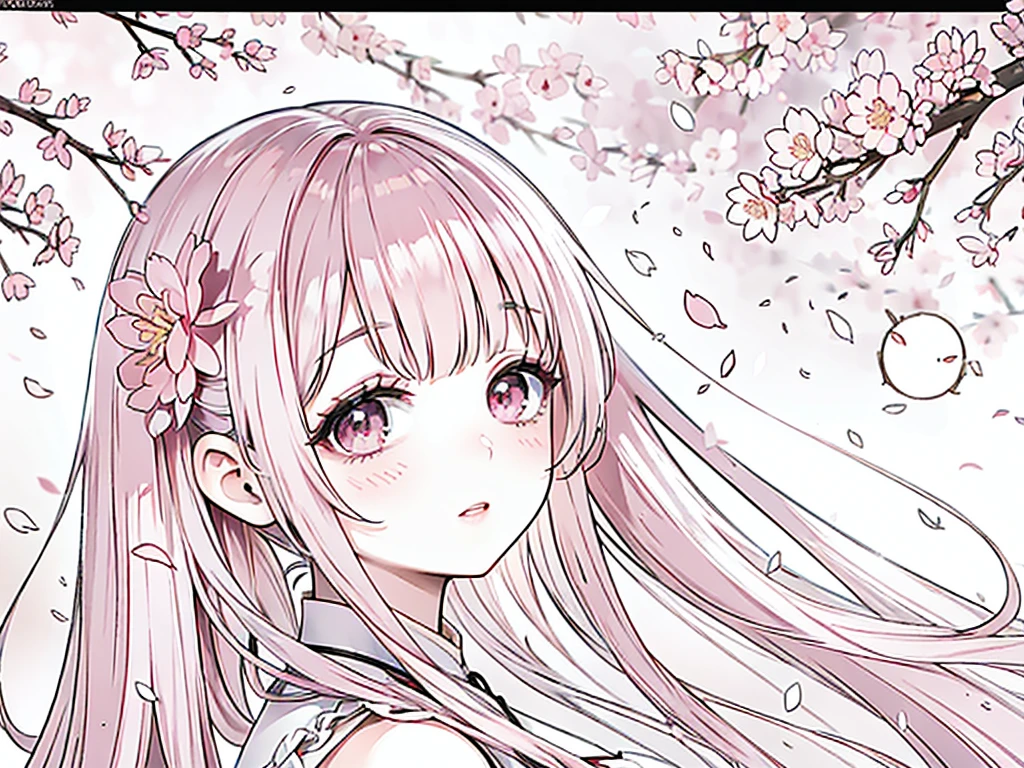 A girl admiring the falling cherry blossoms, (anime lineart) with beautiful detailed eyes, beautiful detailed lips, extremely detailed face, long eyelashes, medium:1.1, vibrant colors, delicate shading, (high quality, 4k, photorealistic:1.37) masterpiece:1.2, (soft pastel colors, pink tones), surrounded by falling cherry petals, soft focus, (tranquil, serene atmosphere), gentle breeze, sakura trees in full bloom, peaceful garden setting.