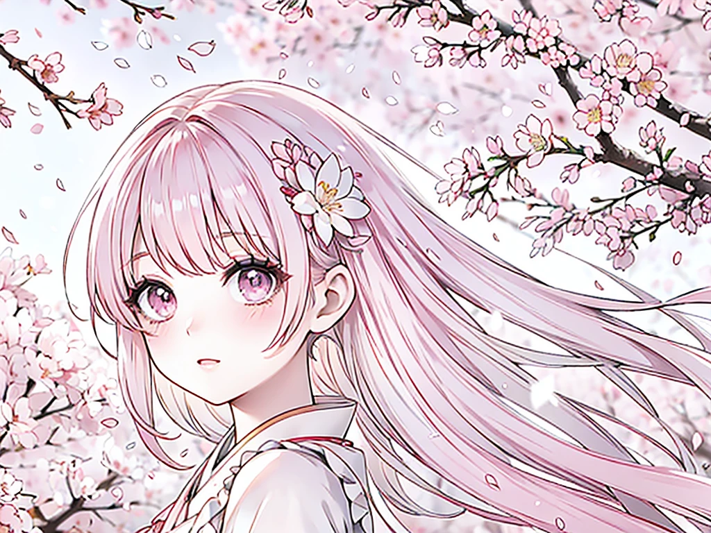 A girl admiring the falling cherry blossoms, (anime lineart) with beautiful detailed eyes, beautiful detailed lips, extremely detailed face, long eyelashes, medium:1.1, vibrant colors, delicate shading, (high quality, 4k, photorealistic:1.37) masterpiece:1.2, (soft pastel colors, pink tones), surrounded by falling cherry petals, soft focus, (tranquil, serene atmosphere), gentle breeze, sakura trees in full bloom, peaceful garden setting.