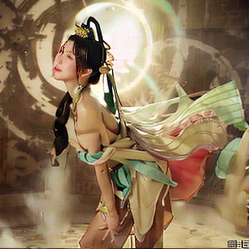 NSFW,perfect face,Three Kingdoms,Mrs. Mi,battle of nagasaka,Beautiful costumes with traditional designs,dirty with dust and mud,Clothes are ripped off and naked,Stripped clothes、裸のMrs. Miが薄暗い粗末な小屋の中に敷かれた莚の上に立ちつくしている,She looks blank due to the shock of being raped.,after being raped,big 、full nude、Pubic hair bladder,full_body,White, cloudy semen is overflowing from the female genitalia.、big areola、Pubic hair of the same color as the hair、messy hair、