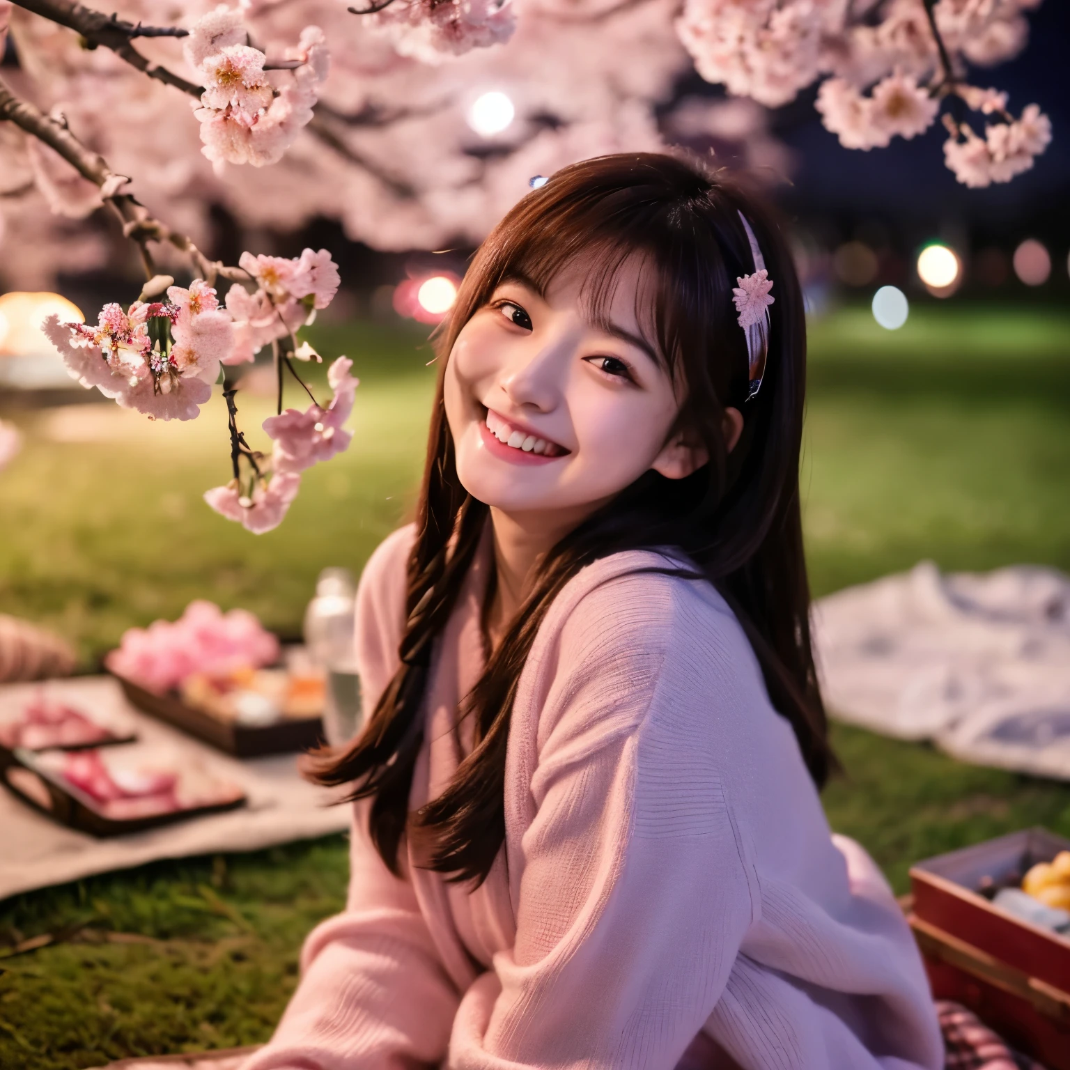 Cute face like an 18-year-old idol　smile gently　naked figure　full body figure　Slightly larger bust　dark lighting　night park　Cherry blossom viewing under the illuminated cherry blossoms at night　sitting on a picnic sheet　Raw photo　genuine