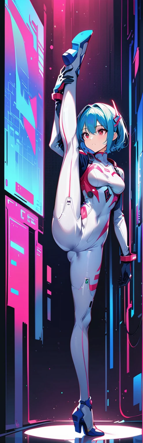 (highest quality:1.2),1 girl,alone,Are standing_Split,white bodysuit,red eyes,pilot suit,short hair,blue hair,bangs,interface headset,turtleneck,hair between eyes,pixelated background,neon light,SF color scheme,Bright colors,metallic texture,detailed shading,Holographic interface,dark atmosphere,high contrast,sharp focus,twig of hair,Reflective surface,exquisite details,High resolution,studio lighting,Red accents,Illuminated surroundings,artificial intelligence assistant