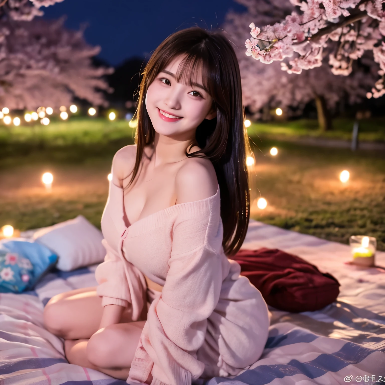 A cute face like a 20-year-old idol　smile gently　sitting naked　I don't wear any clothes　full body figure　Slightly larger bust　dark lighting　night park　Cherry blossom viewing under the illuminated cherry blossoms at night　sitting on a picnic sheet　there are many people around　Raw photo　genuine