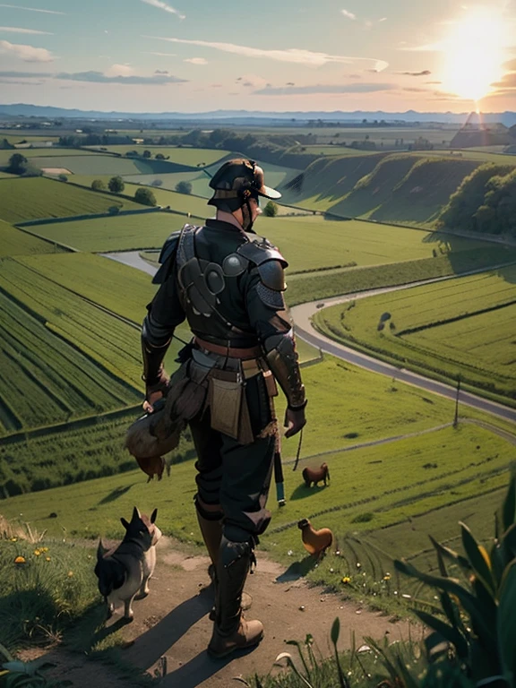 Cartoon style pictures ,(Europe),(Shooting from above),Several men on the road,midnight,Overall black tone, 中世纪金属full body armor,full body armor, Medieval dilapidated countryside village,farmland,river,farm cattle,dog,chicken,duck,rabbit,torch,horse,farmer,partner,companion,Soldier,laboeld,farming,(Visor Helmet,In the shadows,Faceless,Strong man, strong, shabby),dynamic poses, ((Turn your back to the camera,look into the distance,not looking at camera)),
