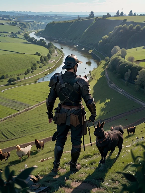 Cartoon style pictures ,(Europe),(Shooting from above),Several men on the road,midnight,Overall black tone, 中世纪金属full body armor,full body armor, Medieval dilapidated countryside village,farmland,river,farm cattle,dog,chicken,duck,rabbit,torch,horse,farmer,partner,companion,Soldier,laboeld,farming,(Visor Helmet,In the shadows,Faceless,Strong man, strong, shabby),dynamic poses, ((Turn your back to the camera,look into the distance,not looking at camera)),
