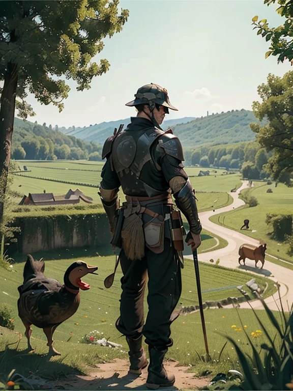  Cartoon style pictures ，(Europe)，（Shooting from above），Several men on the road,midnight，Overall black tone，  中世纪金属full body armor，full body armor， Medieval dilapidated countryside village，farmland，river，farm cattle，dog，chicken，duck，rabbit，torch，horse，farmer，partner，companion，Soldier，laboeld，farming，(Visor Helmet，In the shadows，Faceless，Strong man, strong, shabby),dynamic poses， ((Turn your back to the camera，look into the distance，not looking at camera)), 