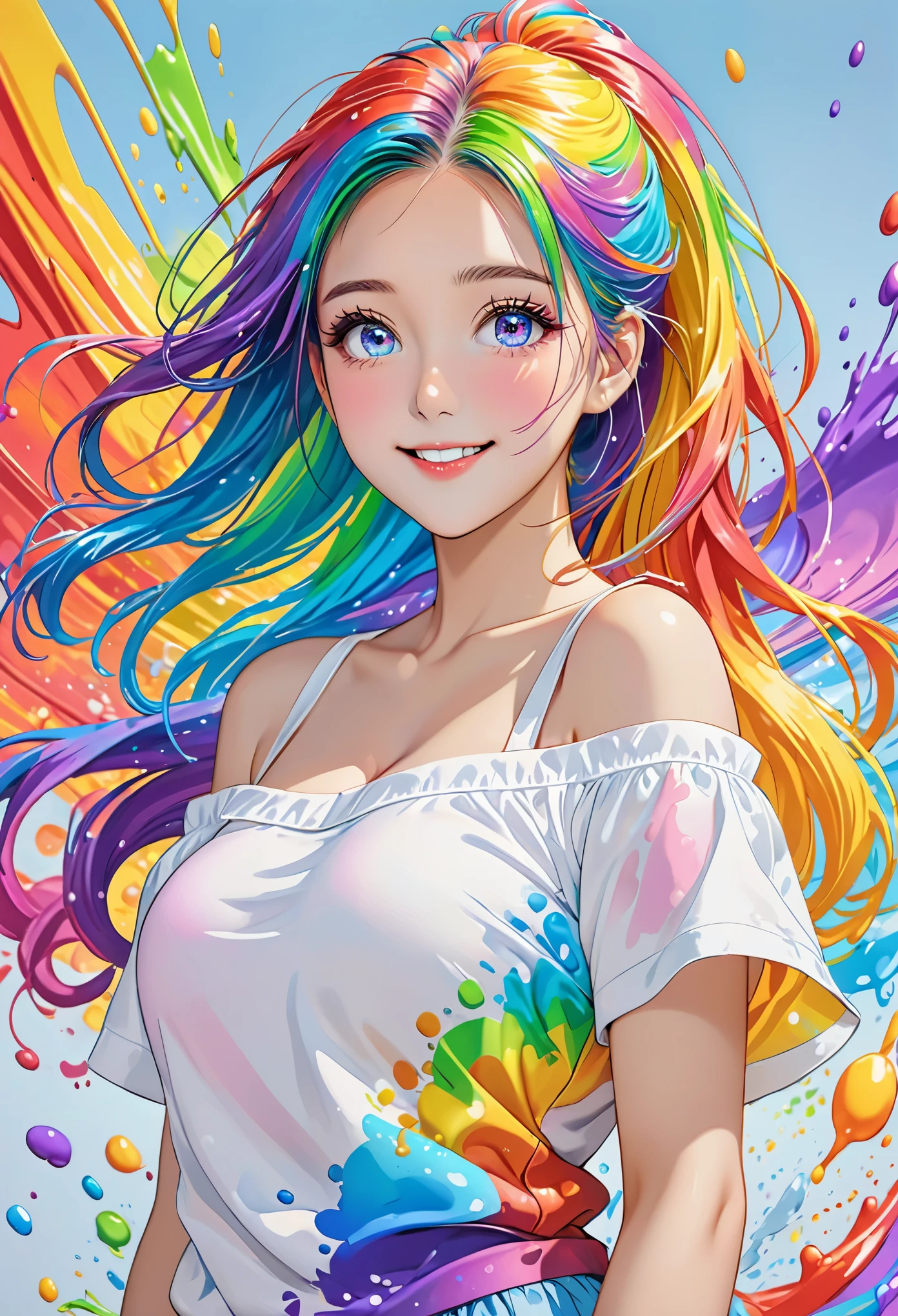 (Pink fashion T-shirt:1.9),(colorful hair: 1.8), (All colors of the rainbow: 1.8),(((((vertical drawing:1.6))), (drawing:1.6),front, comics, illustrations, drawings, big eyes, crystal clear eyes,( Rainbow gradient high ponytail:1.7), Exquisite makeup, Keep your mouth shut,(Little fresh: 1.5),(Wipe Chest: 1.6) ,long eyelashes, White off-shoulder T-shirt, white shoulder shirt,looking at the audience, happy smile,水汪汪的big eyes, (rainbow colored hair:1.6), 颜色飞splash, (alone:1.8), 颜色飞splash, color explosion, thick draw style, messy lines, ((shining)),(rich and colorful), (rich and colorful), (rich and colorful), rich and colorful, Thick draw Style, (splash) (Color splash), Vertical drawing, Upper body, draw splash, acrylic paint, slope, draw, Highest image quality, best quality, masterpiece, alone, depth of field, Face draw, rich and colorful clothes, (elegant: 1.2), Gorgeous,long hair, Wind, (elegant: 1.3), (petal: 1.4),(((masterpiece))),(((best quality))),((Super detailed)),(illustration),(Dynamic angle),((floating)),(draw),((disheveled hair)),(alone),(1 girl) , (((rich and colorful eyes))),(((rich and colorful background))),(((Light blue gradient background))),(((surrounded by rich and colorful splashes)))
