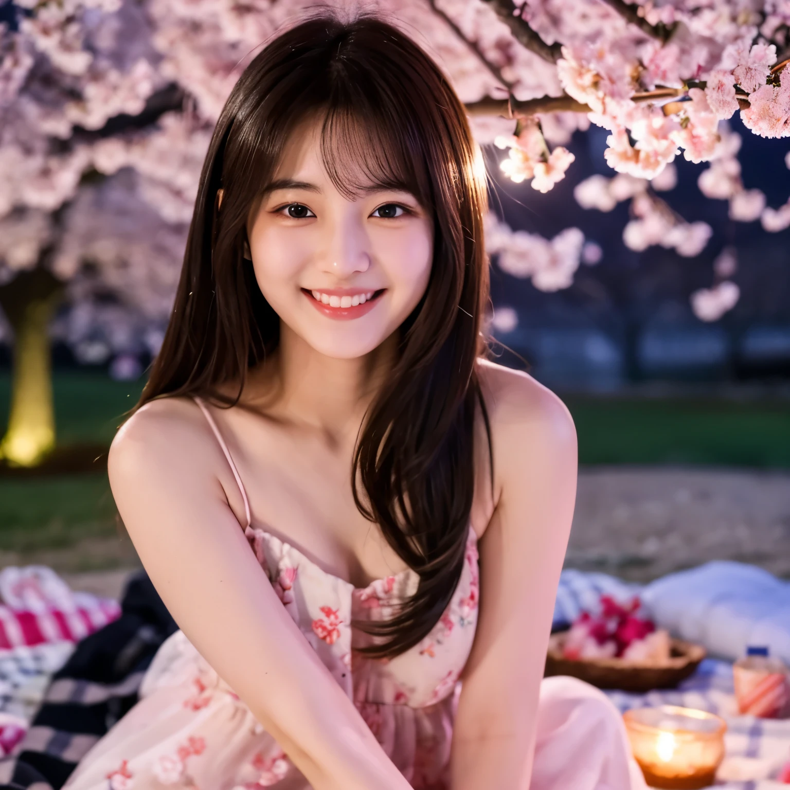 A cute face like a 19-year-old idol　smile gently　naked figure　full body figure　Slightly larger bust　dark lighting　night park　Cherry blossom viewing under the illuminated cherry blossoms at night　sitting on a picnic sheet　Raw photo　genuine