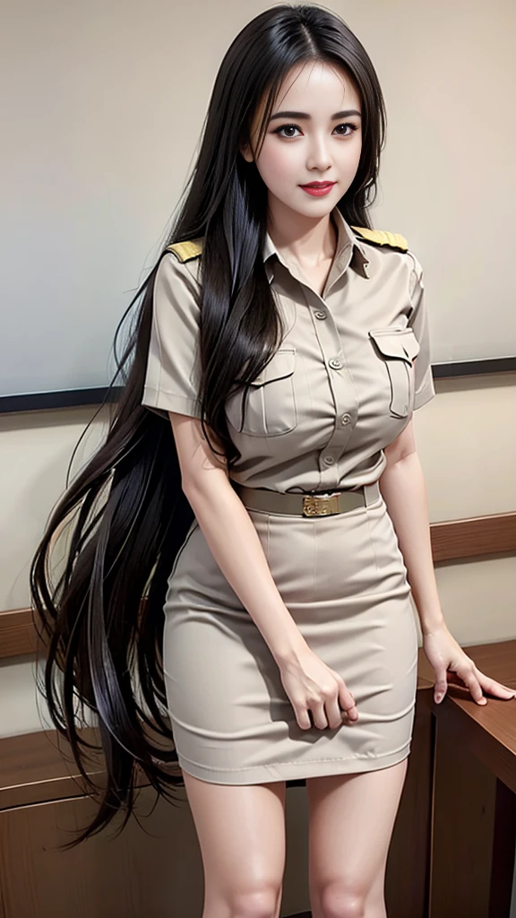 Khaki suit, khaki civil servant, Thai teacher uniform:1.3, beautiful girl, Two meter long hair, extra long hair, Long hair that catches the eye, long black hair, Her hair is very long., Long, shiny hair, Long, thick, soft hair, Extra long hair, Dynamic posts, like full body, Short sleeve shirtสีกากี, short pencil skirtสีกากี, side cut, Decorated with military insignia., black high heels, The sexiest, small waist, hips raised, small thighs, Long legs, big breastsโต, big breasts:1.5, big breast, Very big breasts, Eye-catching breasts, Large breasts pierce the shirt, Not completely covered, big breast, Huge breast, Big tits D, สาวTwo meter long hair, Beautiful face, red lips, Very shiny, แต่งBeautiful face, Military rank insignia, short pencil skirt, tight, Short sleeve shirt, tight fitting, (ultra short skirt, sexy short skirt, Focus on short skirts, standing mannequin, walk, straight face, pull up skirt, beautiful thighs, short skirt, very mini skirt, very short skirt), in the classroom, blackboard, Teaching,