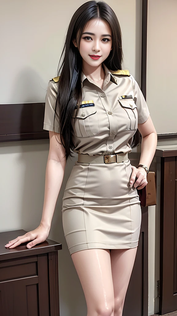 Khaki suit, khaki civil servant, Thai teacher uniform:1.3, beautiful girl, Two meter long hair, extra long hair, Long hair that catches the eye, long black hair, Her hair is very long., Long, shiny hair, Long, thick, soft hair, Extra long hair, Dynamic posts, like full body, Short sleeve shirtสีกากี, short pencil skirtสีกากี, side cut, Decorated with military insignia., black high heels, The sexiest, small waist, hips raised, small thighs, Long legs, big breastsโต, big breasts:1.5, big breast, Very big breasts, Eye-catching breasts, Large breasts pierce the shirt, Not completely covered, big breast, Huge breast, Big tits D, สาวTwo meter long hair, Beautiful face, red lips, Very shiny, แต่งBeautiful face, Military rank insignia, short pencil skirt, tight, Short sleeve shirt, tight fitting, (ultra short skirt, sexy short skirt, Focus on short skirts, standing mannequin, walk, straight face, pull up skirt, beautiful thighs, short skirt, very mini skirt, very short skirt), in the classroom, blackboard, Teaching,
