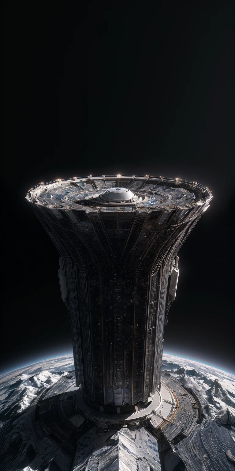 ((masterpiece, highest quality, highest image quality, high resolution, photorealistic, raw photo, 16K)), in center of picture, a spacecraft interstellar space, sophisticated design, vertically highshapes geometric of cylinder shape