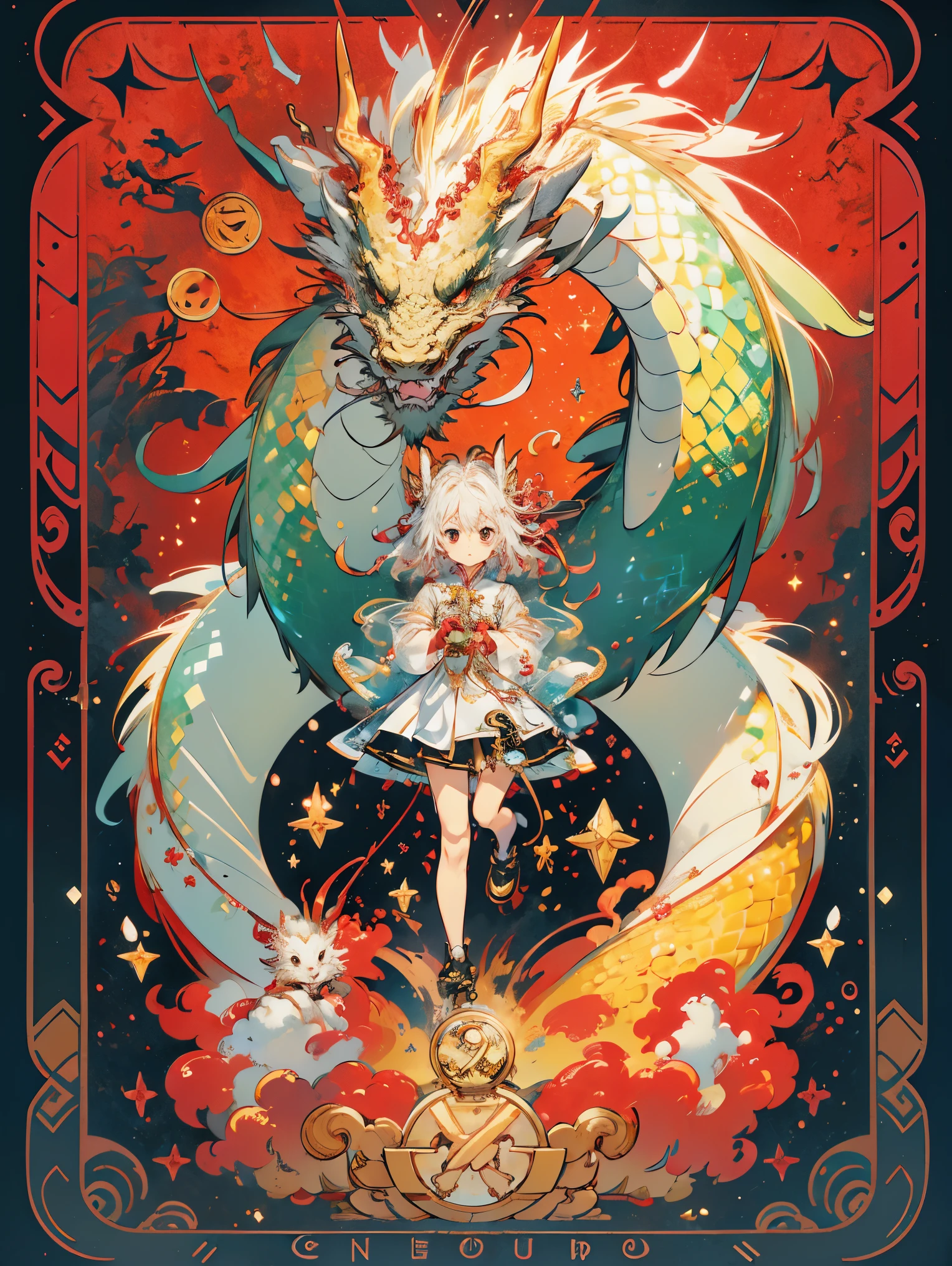 (blind box toy style:1.2), (full body shot) , 1 cute girl with a transparent look,Behind him is a transparent Chinese dragon,Big eyes,Gold coin decoration,Pixar Animation,IP design,super fine details,resin,Highest quality OC rendering,Strong light effect,bright red background,Super detailed , 3D rendering, hd, 8K