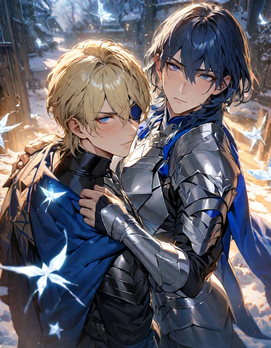 absurdres, highres, ultra detailed, HDR), masterpiece, Dimitri, blond hair, hair between the eyes, expressive blue eyes, black eye patch, fire emblem three houses, Byleth, dark blue hair, hair between the eyes, expressive blue eyes, 2men together, gay couple, extremely handsome, winter, ice butterflies, ice flowers, blue cape, silver armor