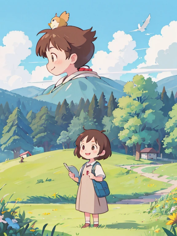 masterpiece, best quality,Kasuga，Blue sky with clouds，Mountain trees，city building， Girl with brown hair，Cartoon girl 16 years old with school bag in the valley holding paper and pen，A bird is surrounding the head, ,With a cute bird on the grass, Smile, sunny