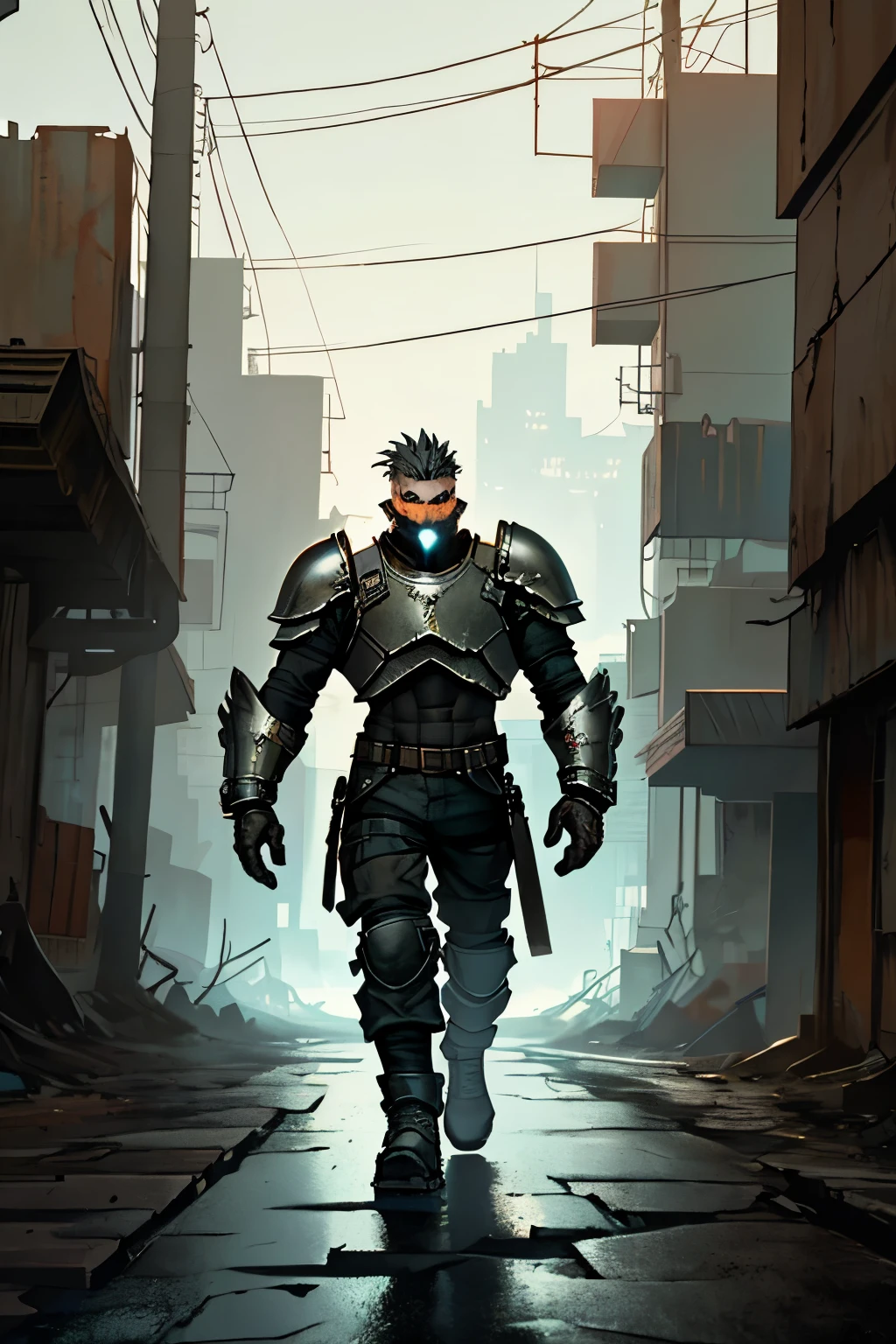 In the grimy and industrial hearts of the metal punk world, a solitary warrior strides along the bleak and desolate streets, his metallic armor clanging softly against the cracked pavement with each resolute step. The air hangs heavy with the acrid scent of burning oil and the grit of machinery, a stark contrast to the warrior's pristine, silver armor.

His piercing gaze scans the barren landscape, the sunken eyes beneath his angular brow reflecting the dim glow of neon lights that flicker precariously from the dilapidated buildings. The warrior's metal punk world is a place of rugged individualism and raw survival, where the strongest and