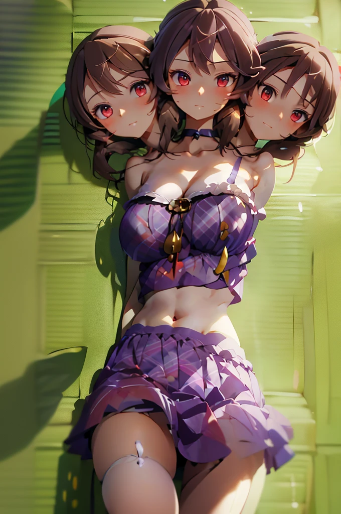 (masterpiece, best quality), best quality, (ultra-detailed), (3heads:1.5), 1girl, (sumireko usami:1.3), masterpiece, best quality, ultra quality, ultra resolution, ultra detail, purple plaid top, crop top, ((stomach)), midriff, ((groin)), purple plaid skirt, normal ears, shackles, brown hair, shoulder-length hair, pigtails, very long hair, wavy hair, sidelocks, brown eyes, detailed eyes, parted lips, sweat, cute, toned belly, hand on own chest, eyelashes, (24 year old woman:1.3), (masterpiece:1.5), (best quality:1.5), (beautiful detailed), extremely detailed CG, extremely delicate and beautiful, depth of field, (finely detailed face), (perfect details:1.2), (mature female:1.3), wide pelvis, slender, large veiny breast, 16k resolution, highres, very high quality, very high definition, extremely detailed, masterpiece, brown hair, long hair, alluring presence, braid, short skirt, close up, big tits, young, black fedora,