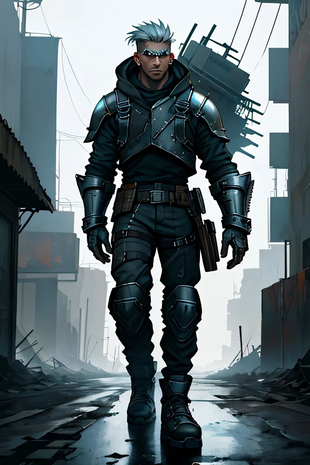 In the grimy and industrial hearts of the metal punk world, a solitary warrior strides along the bleak and desolate streets, his metallic armor clanging softly against the cracked pavement with each resolute step. The air hangs heavy with the acrid scent of burning oil and the grit of machinery, a stark contrast to the warrior's pristine, silver armor.
His piercing gaze scans the barren landscape, the sunken eyes beneath his angular brow reflecting the dim glow of neon lights that flicker precariously from the dilapidated buildings. The warrior's metal punk world is a place of rugged individualism and raw survival, where the strongest and