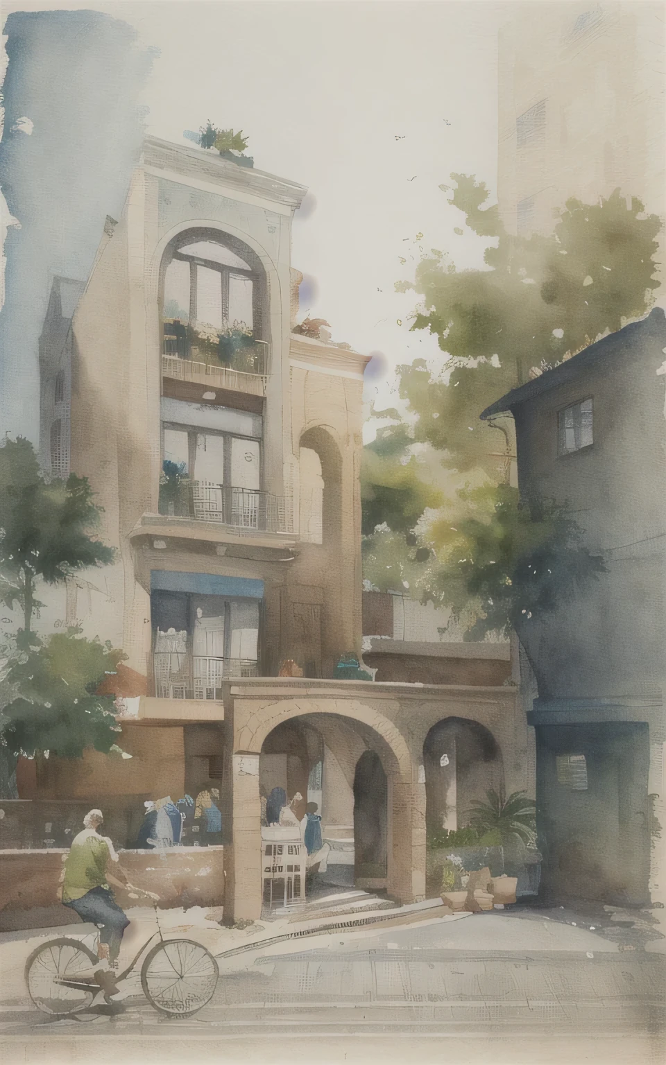 miaobishenghua , ArchiZHS, architectural building, beaucoup d&#39;arbres, rue, personnes, voiture, style aquarelle