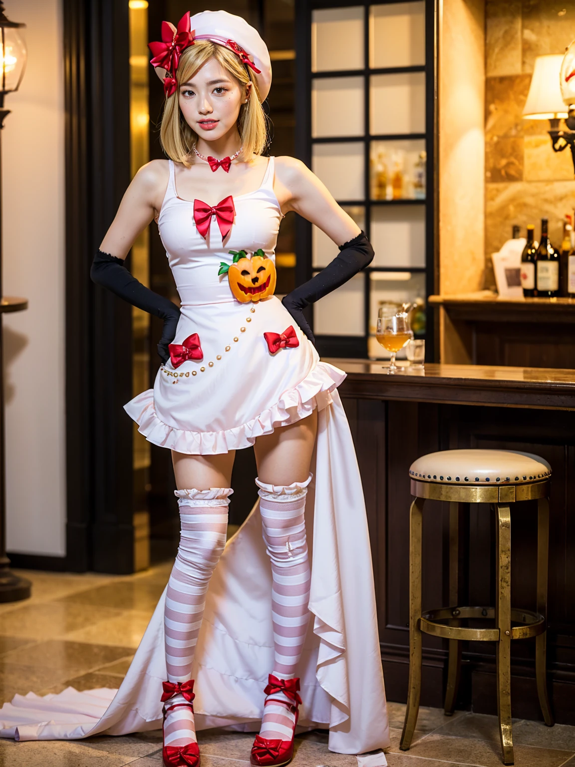 (1 lady), The beautiful, (Best quality at best:1.4), (ultra - detailed), (extremely detailed CG unified 16k), gold blonde hair, very detailed, High-definition RAW color photo, professional photoshooting, amazing face and eyes, cosmetics, (amazingly beautiful girl), ((lambdadelta)), ((dress, shoes bow, red shoes, striped stockings, red bow, pink hat, necklace, gloves, pearl, pumpkin brooch, pink dress)), standing, sexyposture,(Dark and stylish bar, drinks, lamp lights, lamp lights:1.3), (look from down), realistic cinematic face, head to feet long wide zoomed out view, full body long view, photorealistic, ((realistic natural blonde hair style, honey eyes)), gorgeous, extremely beautiful face, perfect model beauty, pout mouth, flirting smile, cleavages, city girl, western, shopping in the city, (masterpiece), best quality, high resolution, extremely detailed, blurred background, depth of field, cinematic lighting, amazing legs, high heels, clear and well-cared skin