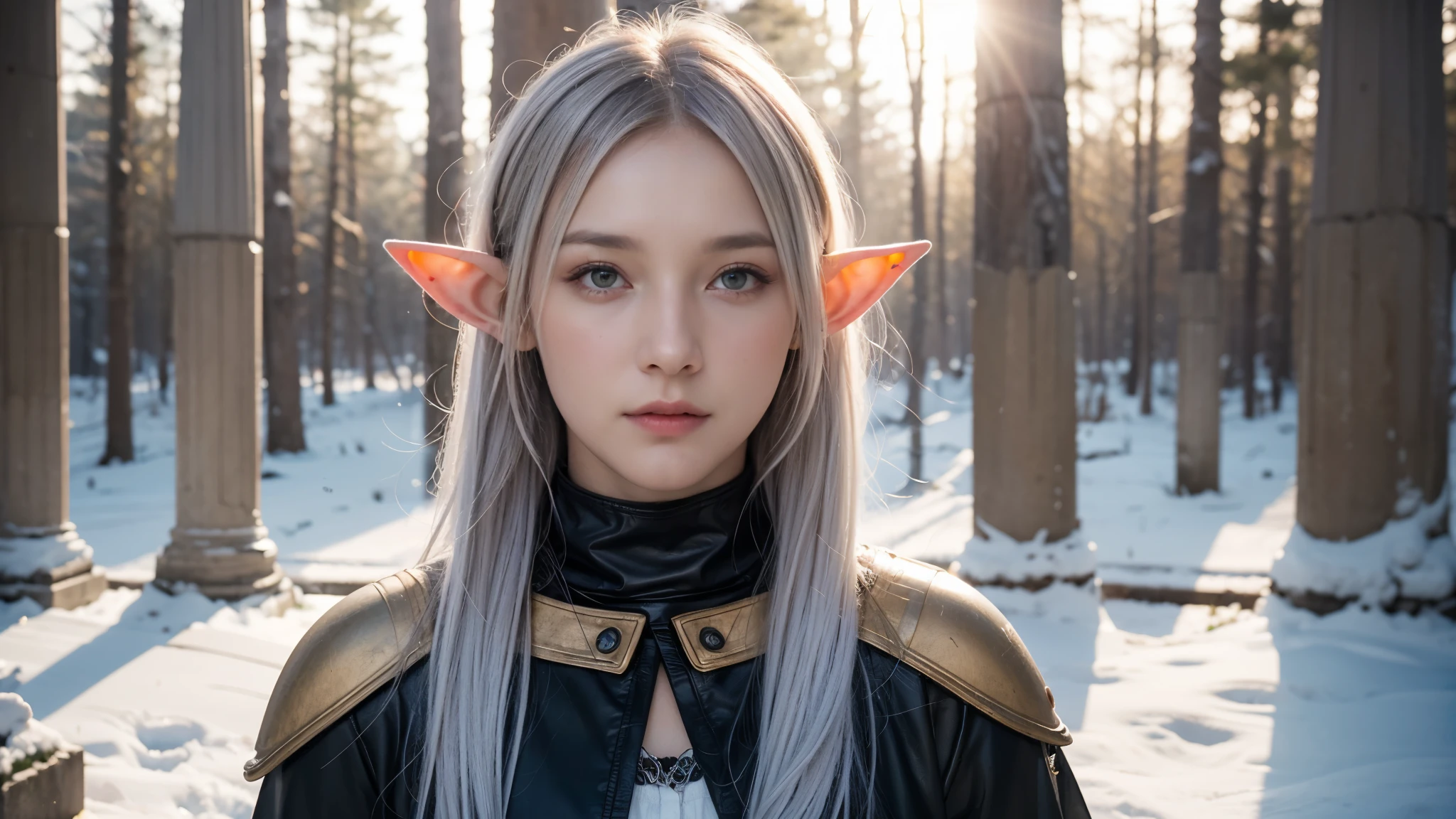 masterpiece,best quality,high resolution,8k,(portrait photo:1.5),(R Original Photo),real picture,digital photography,(Ancient ruins),female elf，Elongated ears，white hair，Purple glowing eyes，Leather armor，forest，snow，Keeping watch，sentry，spear，dramatic，calm，hollow-carved design，Realistic style，Rendering Reflection Textures，Medium distance photography