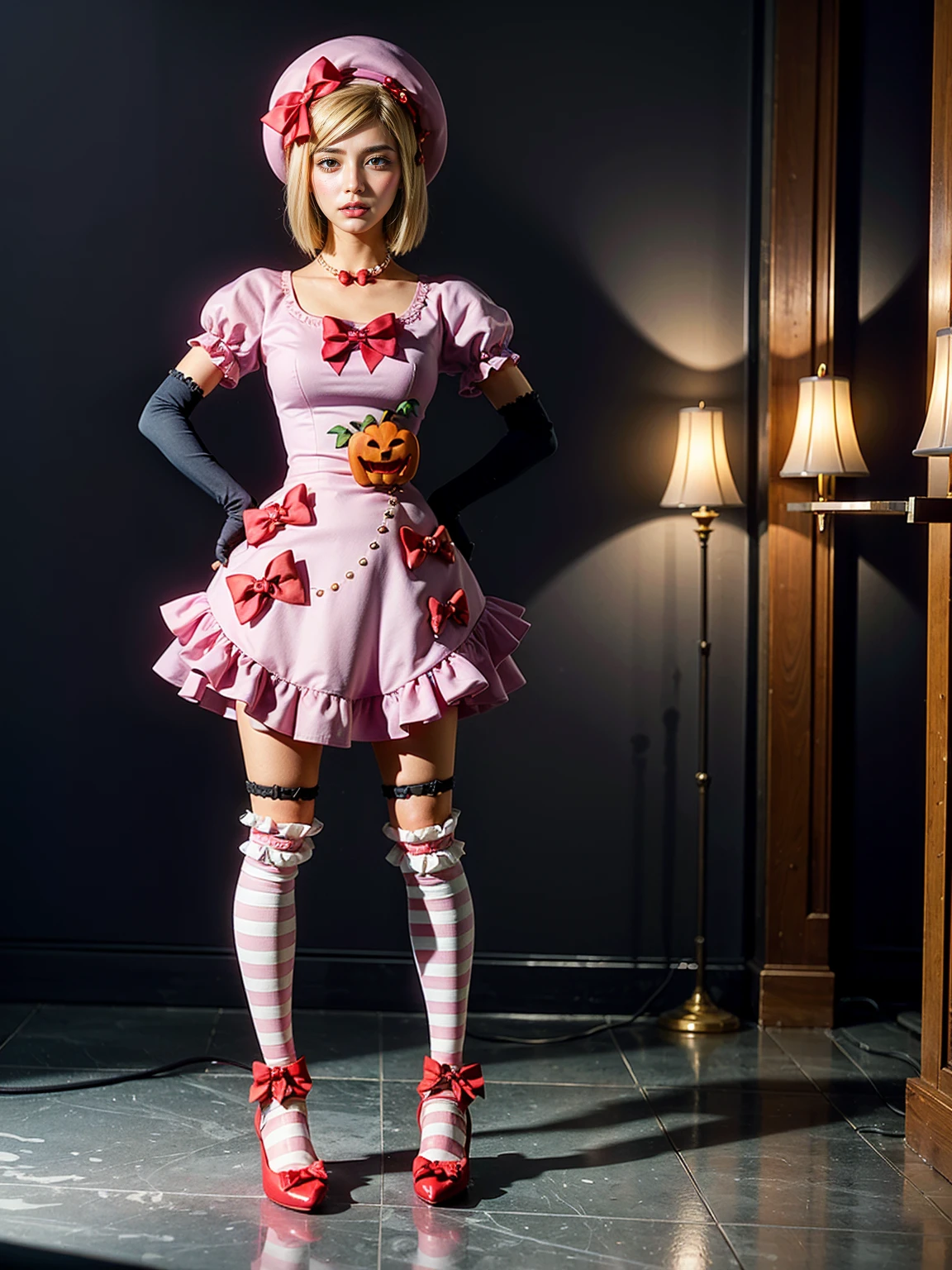 (1 lady), The beautiful, (Best quality at best:1.4), (ultra - detailed), (extremely detailed CG unified 16k), gold blonde hair, very detailed, High-definition RAW color photo, professional photoshooting, amazing face and eyes, cosmetics, (amazingly beautiful girl), ((lambdadelta)), ((dress, shoes bow, red shoes, striped stockings, red bow, pink hat, necklace, gloves, pearl, pumpkin brooch, pink dress)), standing, sexyposture，(Dark and stylish bar, drinks, lamp lights, lamp lights:1.3), (look from down), realistic cinematic face, head to feet long wide zoomed out view, full body long view, photorealistic, ((realistic natural blonde hair style, honey eyes)), gorgeous, extremely beautiful face, perfect model beauty, pout mouth, flirting smile, cleavages, city girl, western, shopping in the city, (masterpiece), best quality, high resolution, extremely detailed, blurred background, depth of field, cinematic lighting, amazing legs, high heels, clear and well-cared skin
