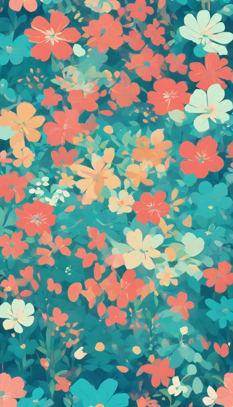 flower pattern, 1 background color, cold color palette, flat color, flat art illustration, without realistic texture, no realistic texture, no detailed textures, minimalist pattern, flowers, pattern for Smart phone background screens