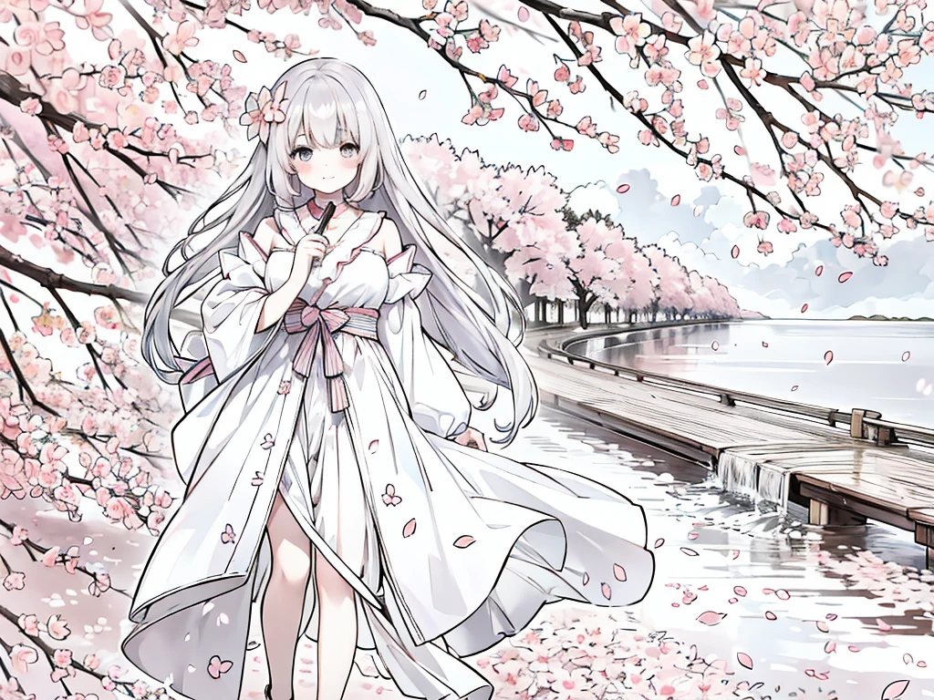 (best quality,4k,highres:1.2),anime line art,walking under a cherry blossom avenue by the river,falling cherry blossoms,1girl