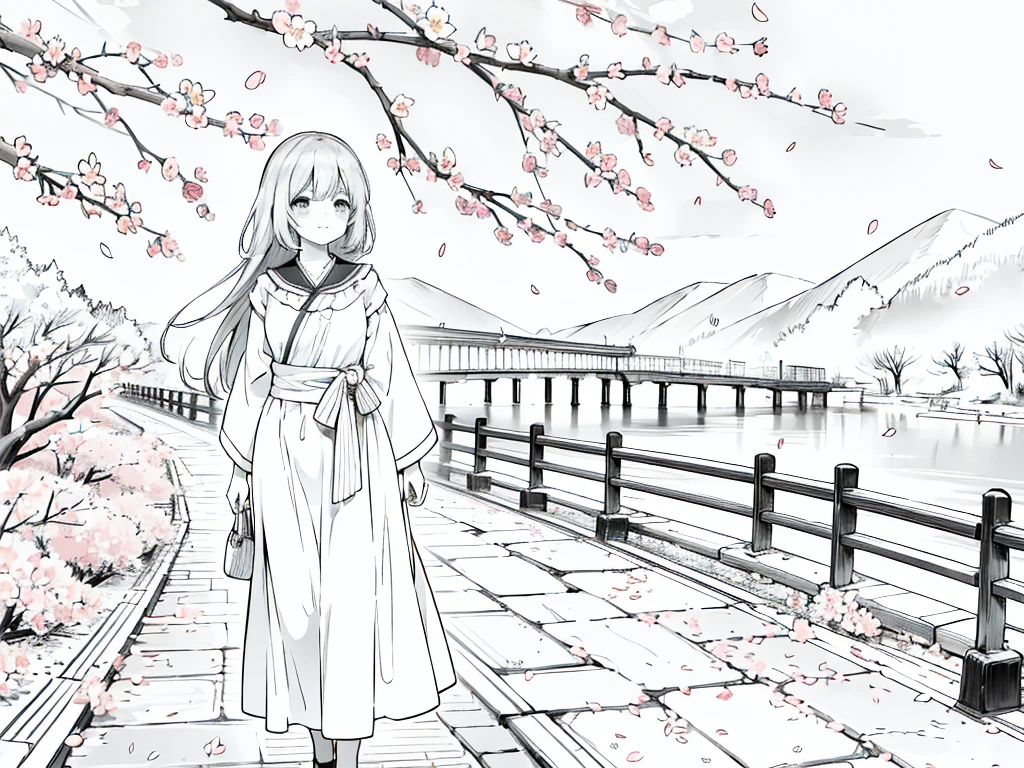 (best quality,4k,highres:1.2),anime line art,walking under a cherry blossom avenue by the river,falling cherry blossoms,1girl