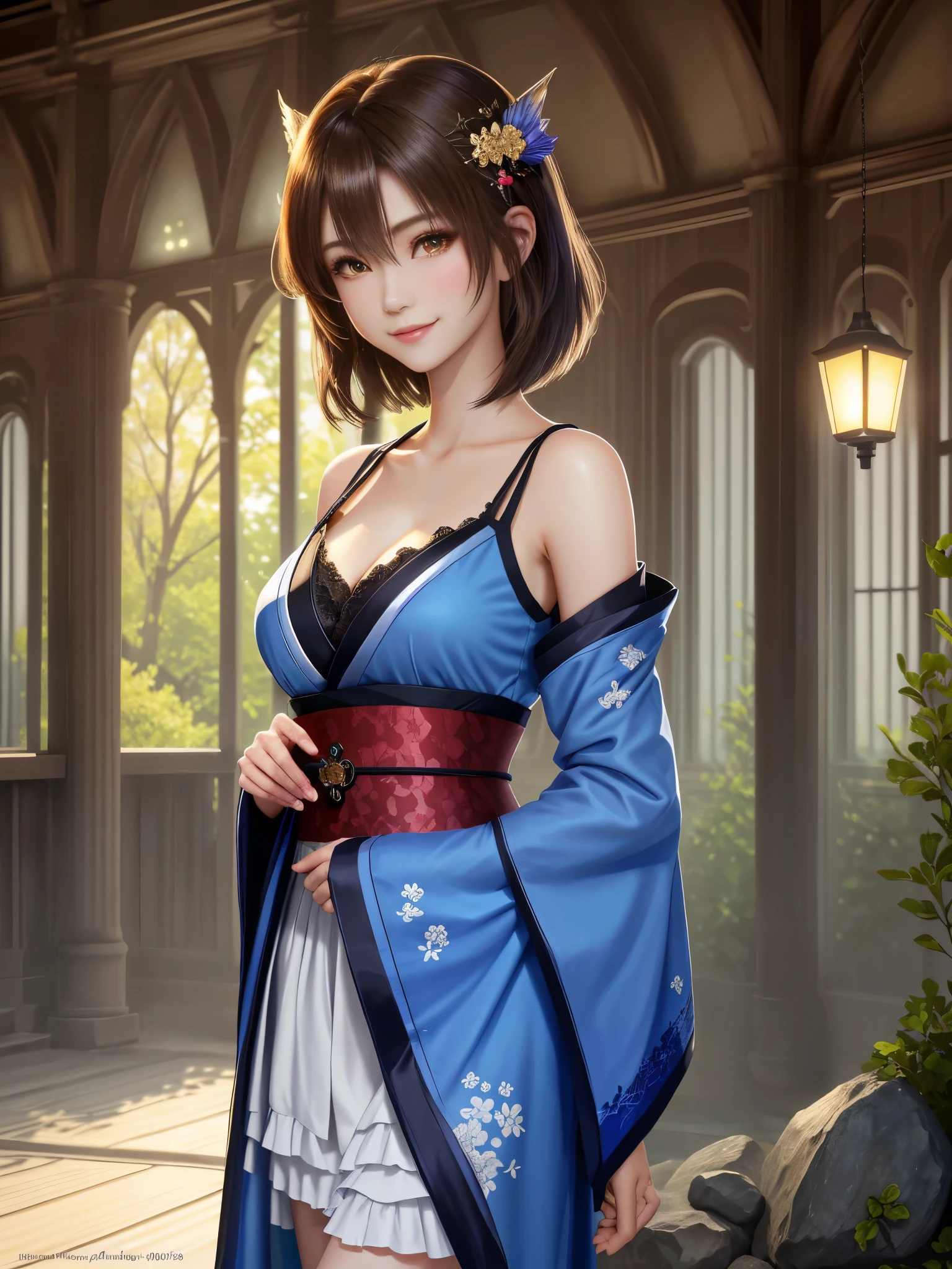 masterpiece , best quality,smile,smile,small face,shoulder exposure,golden kimono,A little cleavage exposure,double eyes,Beauty,beautiful woman,beautiful girl,Stand firmly on both feet,charm,adult,lure,Big eyes,light brown hair,Mysterious世界,god of water殿,in the forest,god of water,Mythical God,水色のMysterious雰囲気,Water sources surround the area,水色のMysterious背景,beautifully curled hair,slender body shape,brown eyes,Contrast faithfully reproduced,short hair,Beautiful short hair,Berry Short,short cut hair,just one person,precision quality,A faithful reproduction of the human eye,水色のMysterious雰囲気,水色のMysterious背景,beautiful details, colorful, delicate details, delicate lips, intricate details, genuine, ultrargenuineista, Mature, bright eyes, raposa de Beautiful digital art,shrine maiden,exquisite digital illustration, mizutsune,pixiv in digital art, shining light, high contrast, Mysterious,Take center,view audience