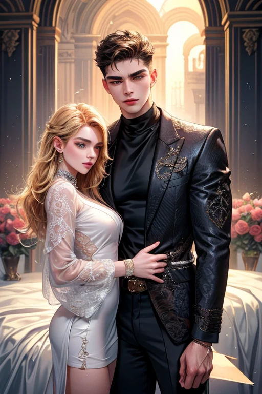 Masterpiece, Best Quality, 8k, Very Detailed, vector, top quality, handsome 23 years old young male idol and beautiful 20 years old young woman with a camera, fashionable, romance, couple, lovers