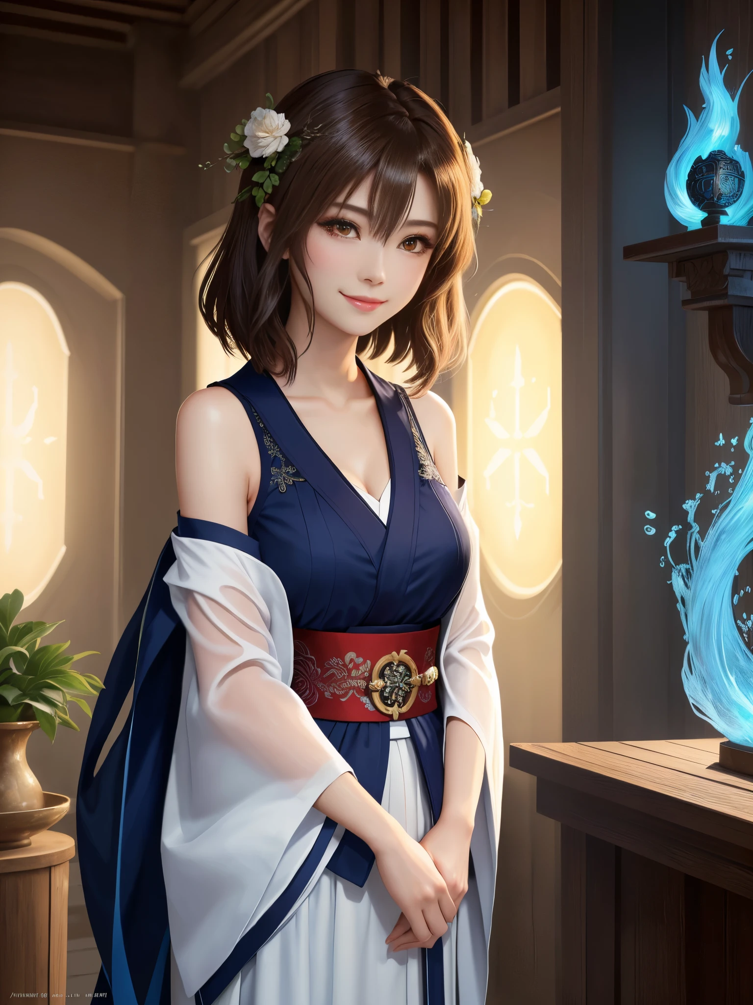 masterpiece , best quality,smile,smile,small face,shoulder exposure,golden kimono,A little cleavage exposure,double eyes,Beauty,beautiful woman,beautiful girl,Stand firmly on both feet,charm,adult,lure,Big eyes,light brown hair,Mysterious世界,god of water殿,in the forest,god of water,Mythical God,水色のMysterious雰囲気,Water sources surround the area,水色のMysterious背景,beautifully curled hair,slender body shape,brown eyes,Contrast faithfully reproduced,short hair,Beautiful short hair,Berry Short,short cut hair,just one person,precision quality,A faithful reproduction of the human eye,水色のMysterious雰囲気,水色のMysterious背景,beautiful details, colorful, delicate details, delicate lips, intricate details, genuine, ultrargenuineista, Mature, bright eyes, raposa de Beautiful digital art,shrine maiden,exquisite digital illustration, mizutsune,pixiv in digital art, shining light, high contrast, Mysterious,Take center,view audience