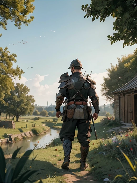 Cartoon style pictures ,(Europe),(Shooting from above),(three men:1.5),midnight,Overall black tone, 中世纪金属full body armor,full body armor, Medieval dilapidated countryside village,farmland,river,farm cattle,dog,chicken,duck,rabbit,torch,horse,farmer,partner,companion,Soldier,laboeld,farming,(Visor Helmet,In the shadows,Faceless,Strong man, strong, shabby),dynamic poses, ((Turn your back to the camera,look into the distance,not looking at camera)),