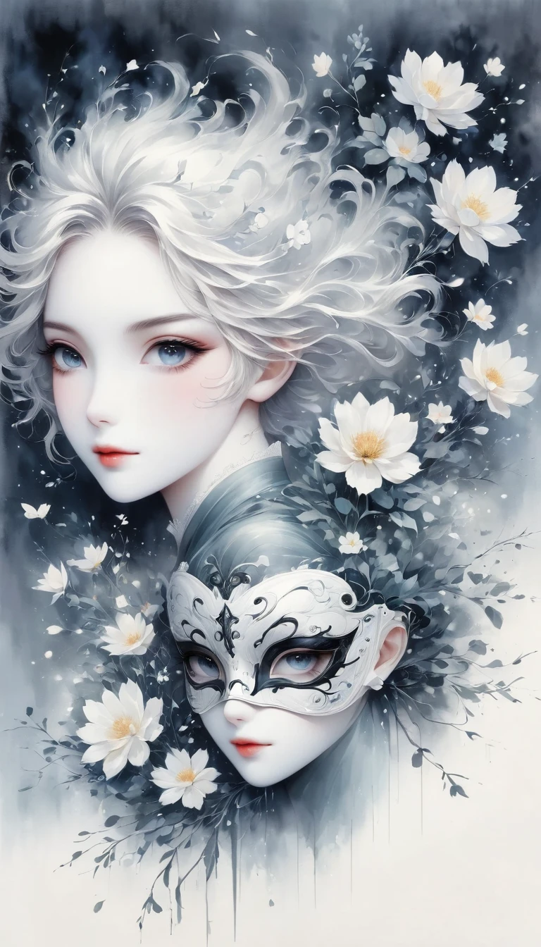 (Anime line drawing:1.5)，(black and white painting:1.45)，Minimalism，(line art:1.6)，sketch，Charcoal drawing，mask，flower,Illustration in surreal art style，surreal dream，Dubrec style,(multiple exposure：1.8),art for coloring book page, 全White背景, Use only contours, line art, coloring book, clean line art,令人惊叹的White墨水coloring book页异想天开的壮丽 , White , (((((纯White背景))))), monochrome, Pure black and white, Draw clear lines, 最高品质的成人coloring book风格, modern anime style, Illustrations that pay homage to Artgerm&#39;s signature style, Alexi Brillot, and Charlie Bovoort, 以数字涂鸦line art风格创建, Draw vector clear lines with ink, Ultra-clean and bold lines found in the cutest cartoon style [Michael Whelan] Less details，Sharp、Clean appearance. The cartoon style is inspired by bold and bright lines