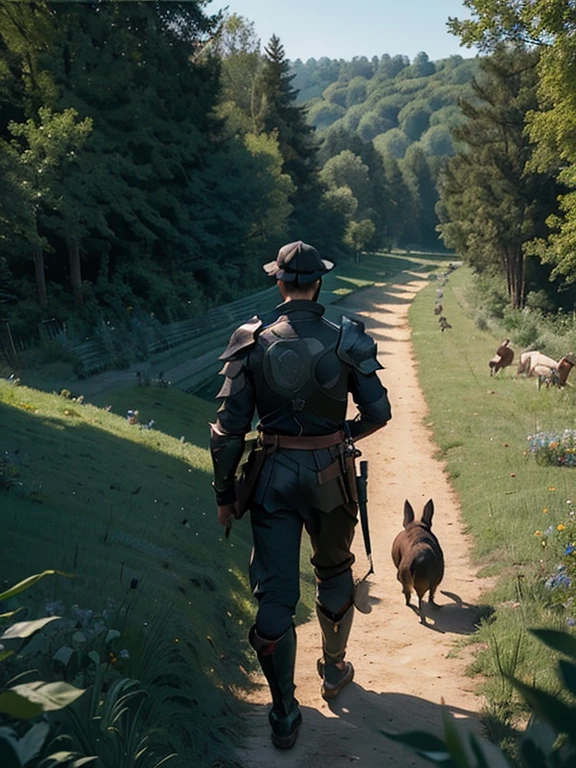 Cartoon style pictures ,(Europe),(Shooting from above),(three men:1.5),midnight,Overall black tone, 中世纪金属full body armor,full body armor, Medieval dilapidated countryside village,farmland,forest,river,farm cattle,dog,chicken,duck,rabbit,torch,horse,farmer,partner,companion,Soldier,laboeld,farming,(Visor Helmet,In the shadows,Faceless,Strong man, strong, shabby),dynamic poses, ((Turn your back to the camera,look into the distance,not looking at camera)),