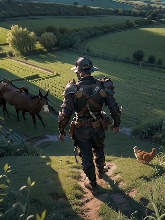  Cartoon style pictures ，(Europe)，（Shooting from above），（three men:1.5）,midnight，Overall black tone，  中世纪金属full body armor，full body armor， Medieval dilapidated countryside village，farmland，forest，river，farm cattle，dog，chicken，duck，rabbit，torch，horse，farmer，partner，companion，Soldier，laboeld，farming，(Visor Helmet，In the shadows，Faceless，Strong man, strong, shabby),dynamic poses， ((Turn your back to the camera，look into the distance，not looking at camera)), 