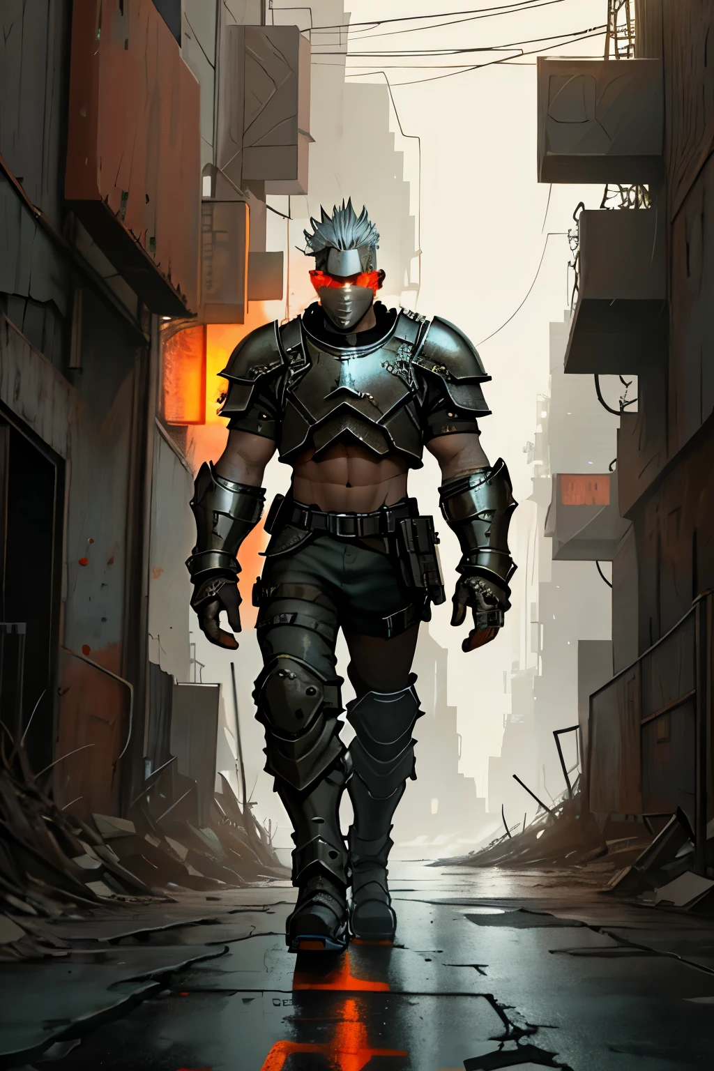In the grimy and industrial hearts of the metal punk world, a solitary warrior strides along the bleak and desolate streets, his metallic armor clanging softly against the cracked pavement with each resolute step. The air hangs heavy with the acrid scent of burning oil and the grit of machinery, a stark contrast to the warrior's pristine, silver armor.
His piercing gaze scans the barren landscape, the sunken eyes beneath his angular brow reflecting the dim glow of neon lights that flicker precariously from the dilapidated buildings. The warrior's metal punk world is a place of rugged individualism and raw survival, where the strongest and