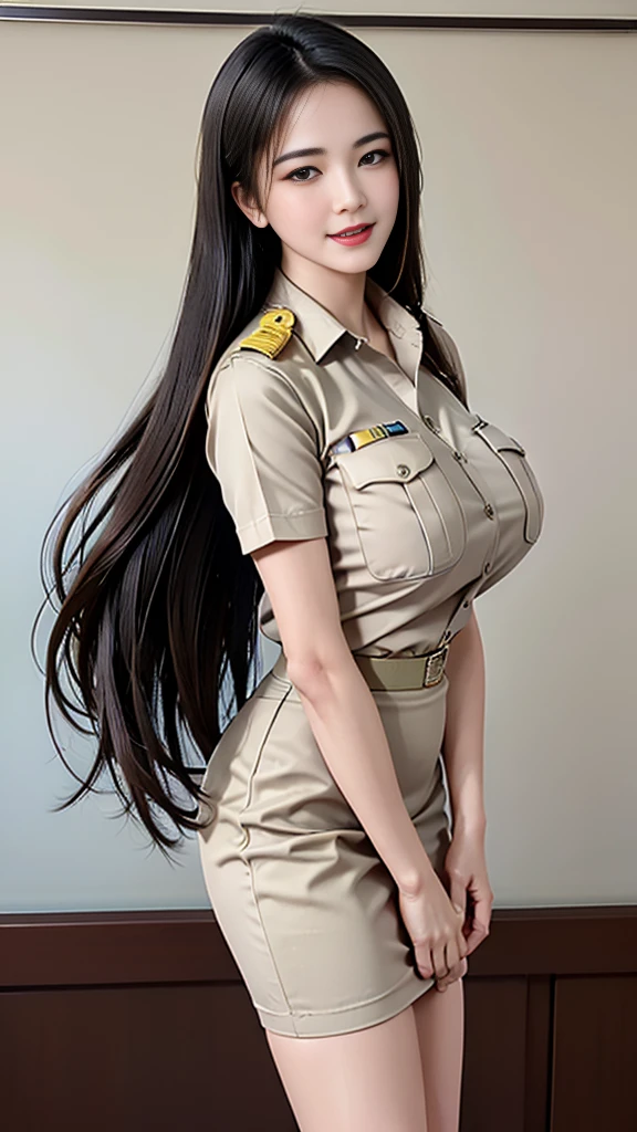 Khaki suit, khaki civil servant, Thai teacher uniform:1.3, beautiful girl, Two meter long hair, extra long hair, Long hair that catches the eye, long black hair, Her hair is very long., Long, shiny hair, Long, thick, soft hair, Extra long hair, Dynamic posts, like full body, Short sleeve shirtสีกากี, short pencil skirtสีกากี, side cut, Decorated with military insignia., black high heels, The sexiest, small waist, hips raised, small thighs, Long legs, big breastsโต, big breasts:1.5, big breast, Very big breasts, Eye-catching breasts, Large breasts pierce the shirt, Not completely covered, big breast, Huge breast, Big tits D, สาวTwo meter long hair, Beautiful face, red lips, Very shiny, แต่งBeautiful face, Military rank insignia, short pencil skirt, tight, Short sleeve shirt, tight fitting, (ultra short skirt, sexy short skirt, Focus on short skirts, standing mannequin, walk, straight face, pull up skirt, beautiful thighs, short skirt, very mini skirt, very short skirt), in the classroom, blackboard, Teaching, talking