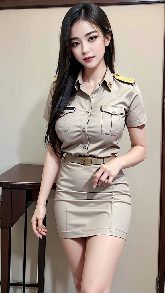Khaki suit, khaki civil servant, Thai teacher uniform:1.3, beautiful girl, Two meter long hair, extra long hair, Long hair that catches the eye, long black hair, Her hair is very long., Long, shiny hair, Long, thick, soft hair, Extra long hair, Dynamic posts, like full body, Short sleeve shirtสีกากี, short pencil skirtสีกากี, side cut, Decorated with military insignia., black high heels, The sexiest, small waist, hips raised, small thighs, Long legs, big breastsโต, big breasts:1.5, big breast, Very big breasts, Eye-catching breasts, Large breasts pierce the shirt, Not completely covered, big breast, Huge breast, Big tits D, สาวTwo meter long hair, Beautiful face, red lips, Very shiny, แต่งBeautiful face, Military rank insignia, short pencil skirt, tight, Short sleeve shirt, tight fitting, (ultra short skirt, sexy short skirt, Focus on short skirts, standing mannequin, walk, straight face, pull up skirt, beautiful thighs, short skirt, very mini skirt, very short skirt), in the classroom, blackboard, Teaching, talking