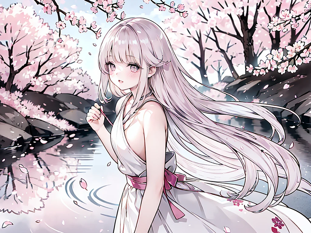 (best quality,4k,8k,highres,masterpiece:1.2),ultra-detailed,(realistic,photorealistic,photo-realistic:1.37),anime,line drawing,beautiful detailed eyes,beautiful detailed lips,extremely detailed eyes and face,long eyelashes,1girl,enjoying the cherry blossom season,walking under a row of cherry trees,by the river,light breeze blowing through her hair,soft sunlight casting a warm glow,delicate cherry blossoms gently falling,creating a dreamy atmosphere,subtle pink hues enveloping the scene,peaceful and serene ambiance,subtle ripples on the surface of the water,crystal clear reflections of the cherry blossoms,tranquil surroundings with lush greenery,fine art interpretation,impeccable attention to details,expressive strokes capturing the youthful spirit of the girl,sublime blend of traditional and modern elements,illustration inspired by Japanese art,pure and innocent beauty of spring,timeless depiction of fleeting cherry blossom season.