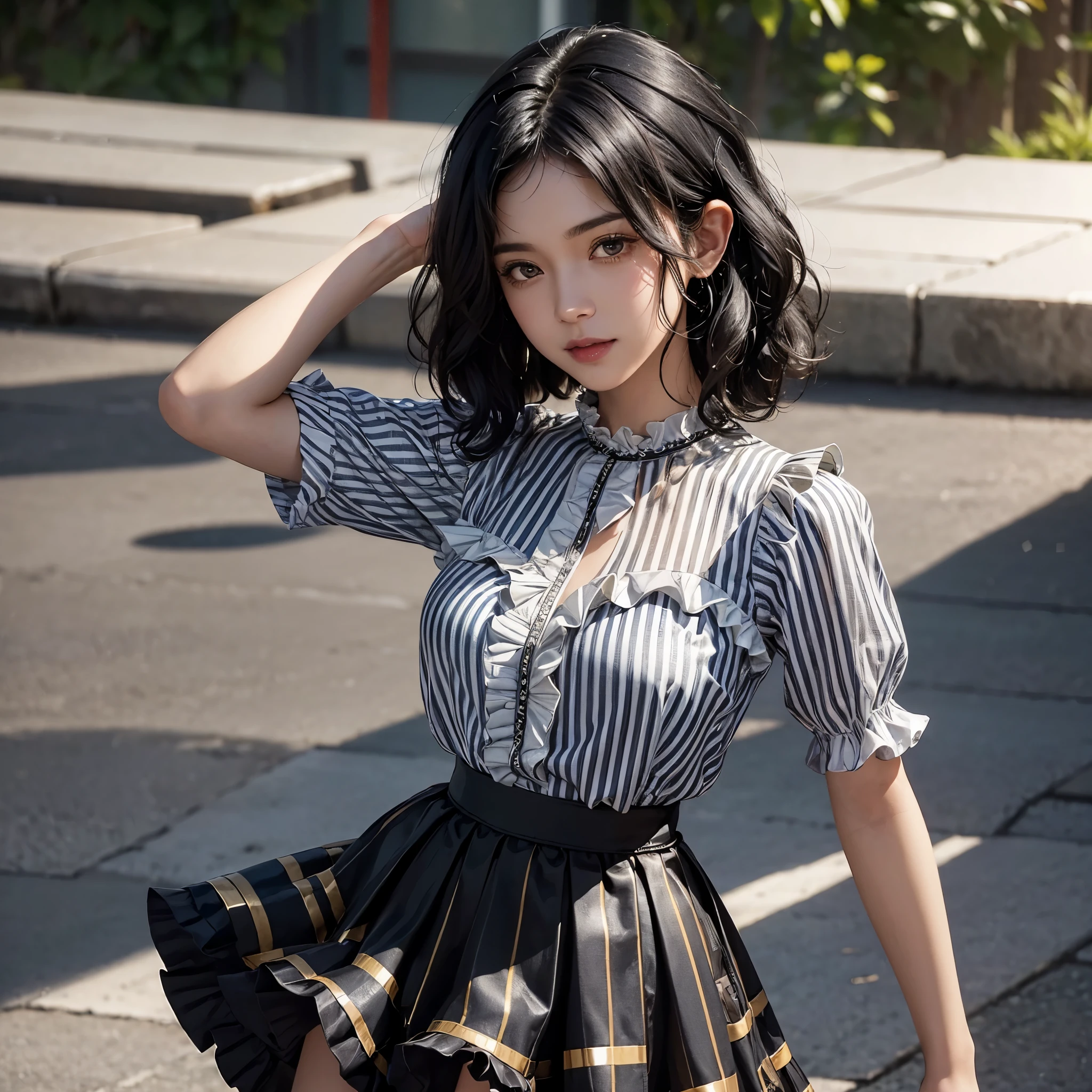 (Black hair, Short Hair, Wavy Hair:1.4), Canon, UHD, masterpiece, anatomically correct, textured skin, super detail, high details, high quality, 16k, 8k, ((1 Woman, Solo Shot)), Sexy, medium hair, shiny hair, shy-smile, Arms Up, (Striped shirt, frill skirt:1.3), Cowboy Shot, Standing, Street, (Cinematic light, Sun Light), Close up,