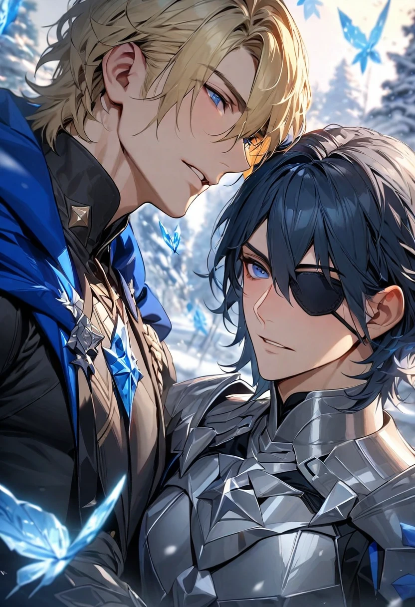 absurdres, highres, ultra detailed, HDR), masterpiece, Dimitri, blond hair, hair between the eyes, expressive blue eyes, black eye patch, fire emblem three houses, Byleth, dark blue hair, hair between the eyes, expressive blue eyes, 2men together, gay couple, extremely handsome, winter, ice butterflies, ice flowers, blue cape, silver armor