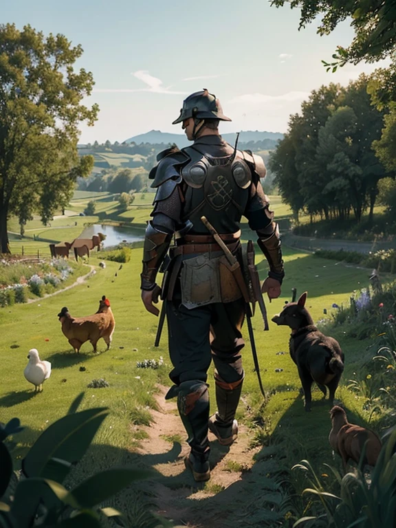 Cartoon style pictures ,(Europe),(Shooting from above),(three men:1.5),midnight,Overall black tone, 中世纪金属full body armor,full body armor, Medieval dilapidated countryside village,farmland,forest,river,farm cattle,dog,chicken,duck,rabbit,torch,horse,farmer,partner,companion,Soldier,laboeld,farming,(Visor Helmet,In the shadows,Faceless,Strong man, strong, shabby),dynamic poses, ((Turn your back to the camera,look into the distance,not looking at camera)),