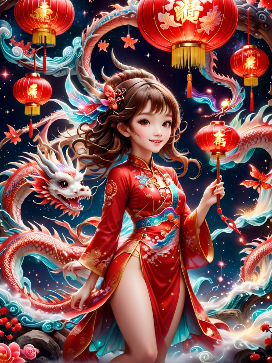 amazing quality, masterpiece, best quality, Super detailed, Super detailed, ultra high definition, Every time, depth of field, high dynamic range, Perfect Anatomy Solo, Lovely, kawaii, brown hair, Playing with the fairy wand happily, wave it in the air, Red Lantern, Wearing a red cheongsam, Milky Way,
There is a small cfc spark dragon above the fairy stick, translucent, dazzled, shine, Sparkling, trail of sparks,