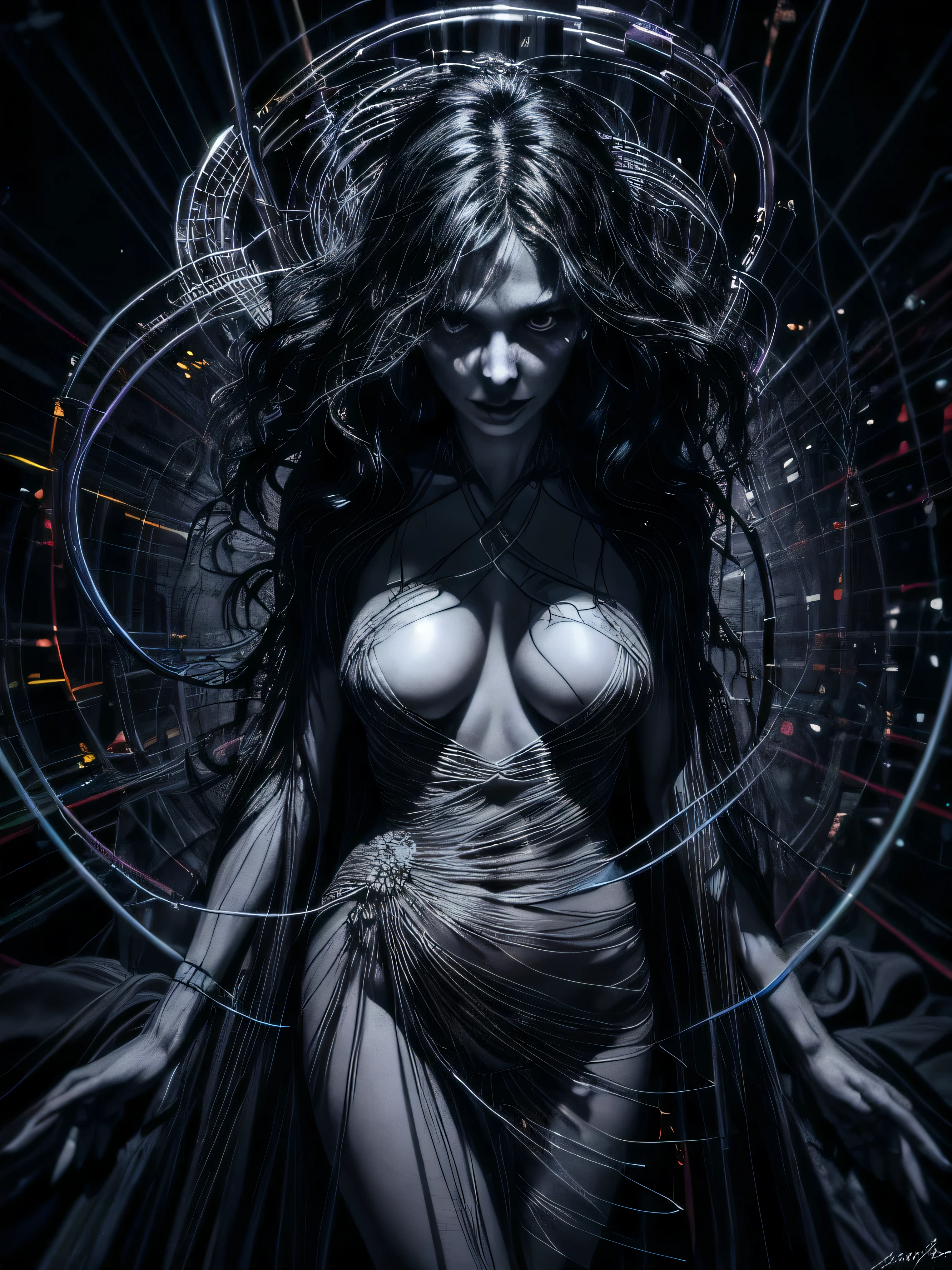 Alexander Calder style mysterious figure emerges from the shadows in a tangled mess of iridescent wires and glowing mesh, afterglow hidden behind layers of glitched wavy distortions, non-representational, color connection and Changeling Sentinel, frustrated of feelings, imaginative, highly detailed, realistic, detailed, balanced, by Trey Ratcliff, Klaus Herrmann, Serge Ramelli, Jimmy McIntyre, Elia Locardi, (Noir), black and white , detective , crime , mystery