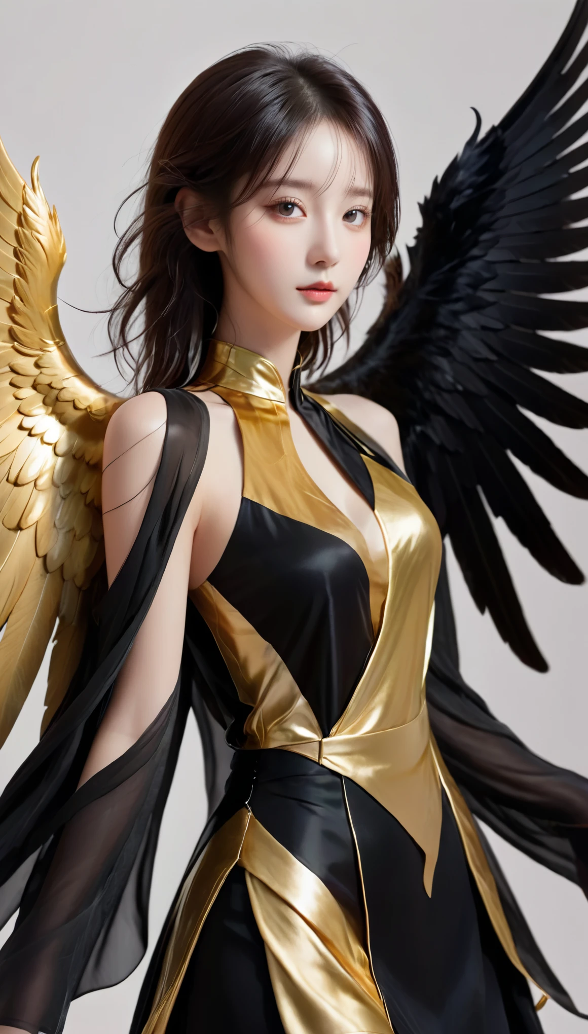 (1girl:1.2),wings,(solo:1.2),((left and right different colors)),color patches,contrast,concept clothing,garment draping,left gold right black, left and right different colors